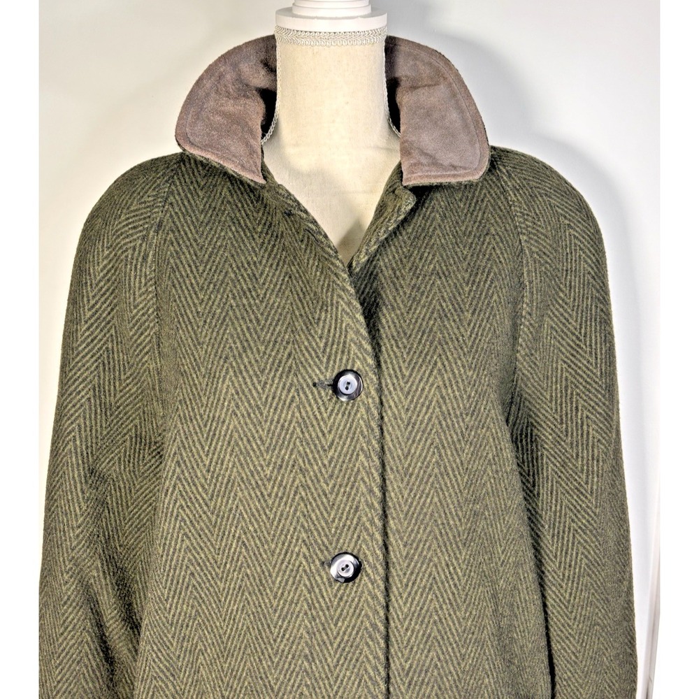 VTG 90s Cabelas Womens Houndstooth Tweed Olive Wool Overcoat Coat Leather Collar